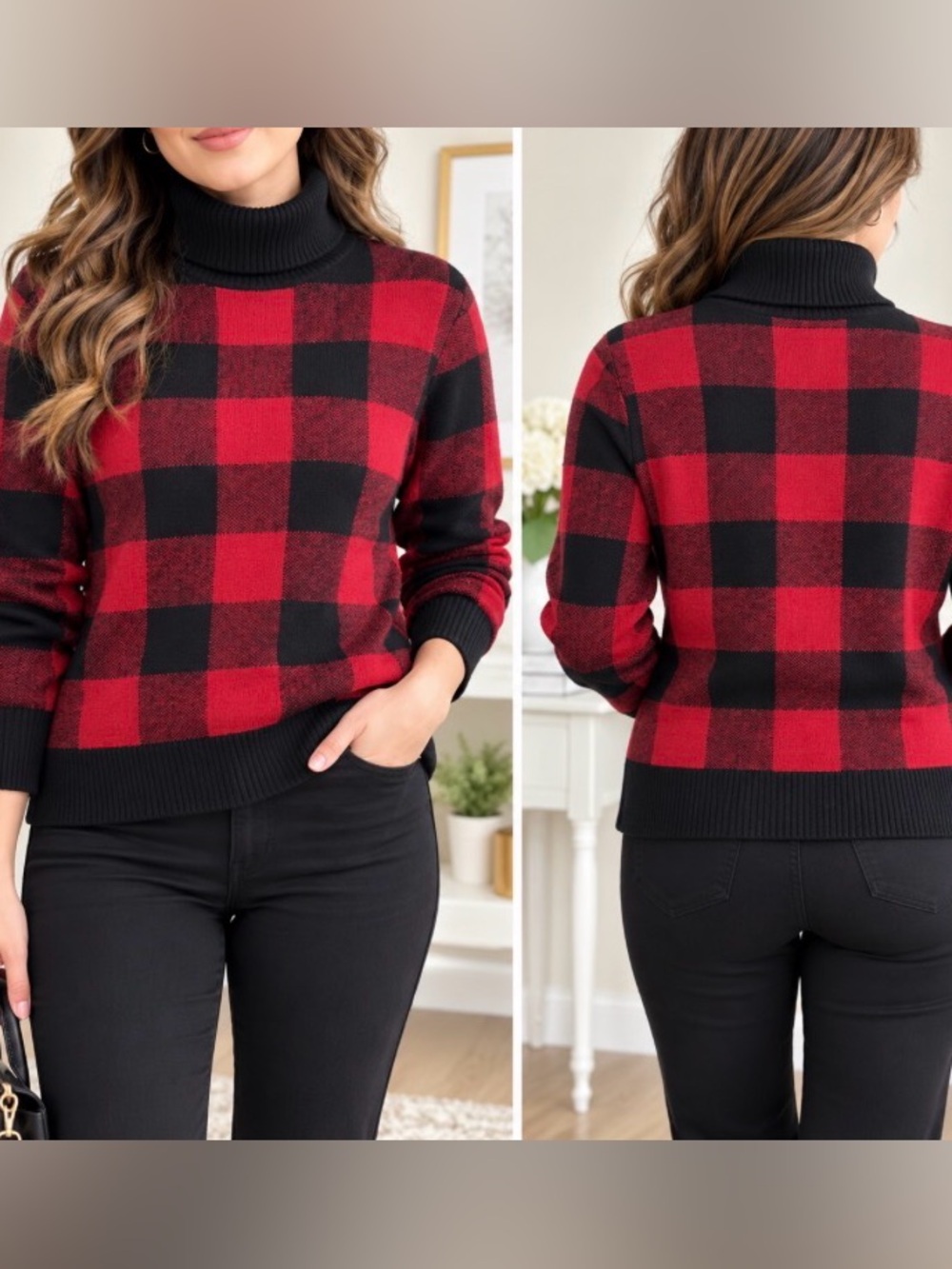 L.L.Bean Buffalo Plaid Turtleneck Sweater Red Black Cotton Cashmere M